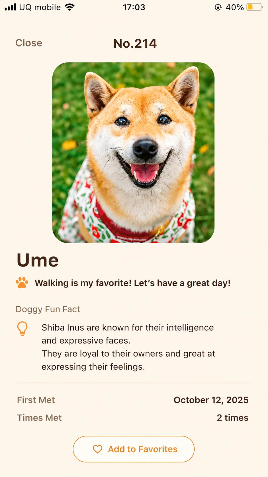 Album screen listing the dogs you've met