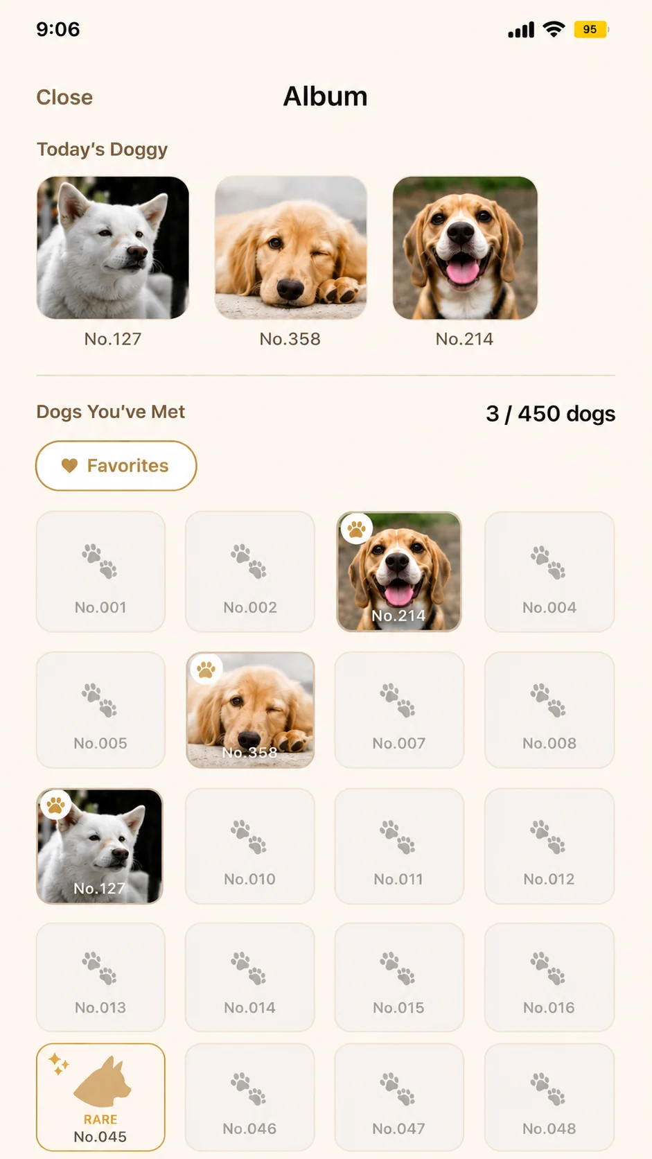 Dog detail screen showing its photo, name, comment, a fun fact, the date you first met, and how many times you've met