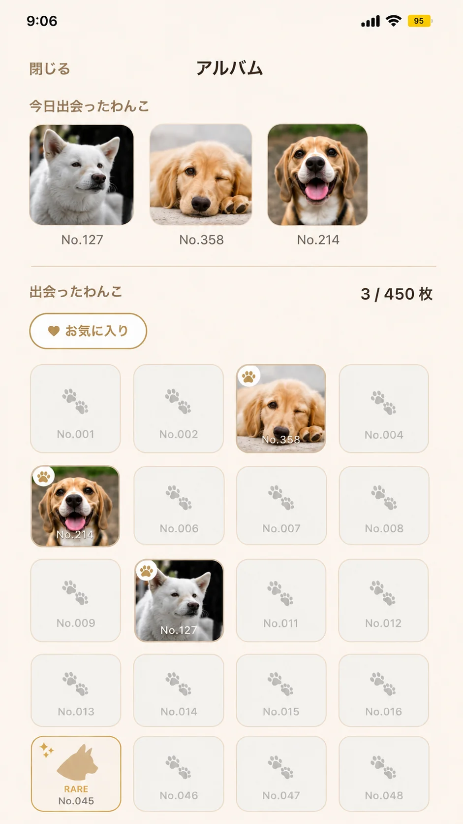 わんこの詳細画面。写真・名前・コメント・豆知識・初めて出会った日・出会った回数が表示されている