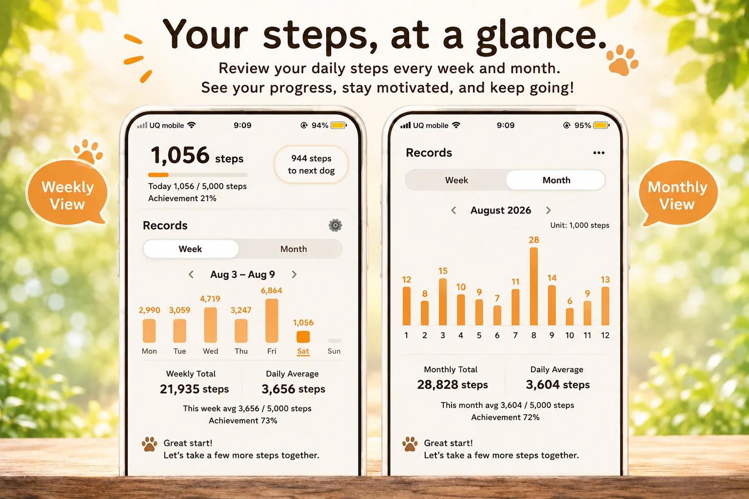 Weekly and monthly step record screens