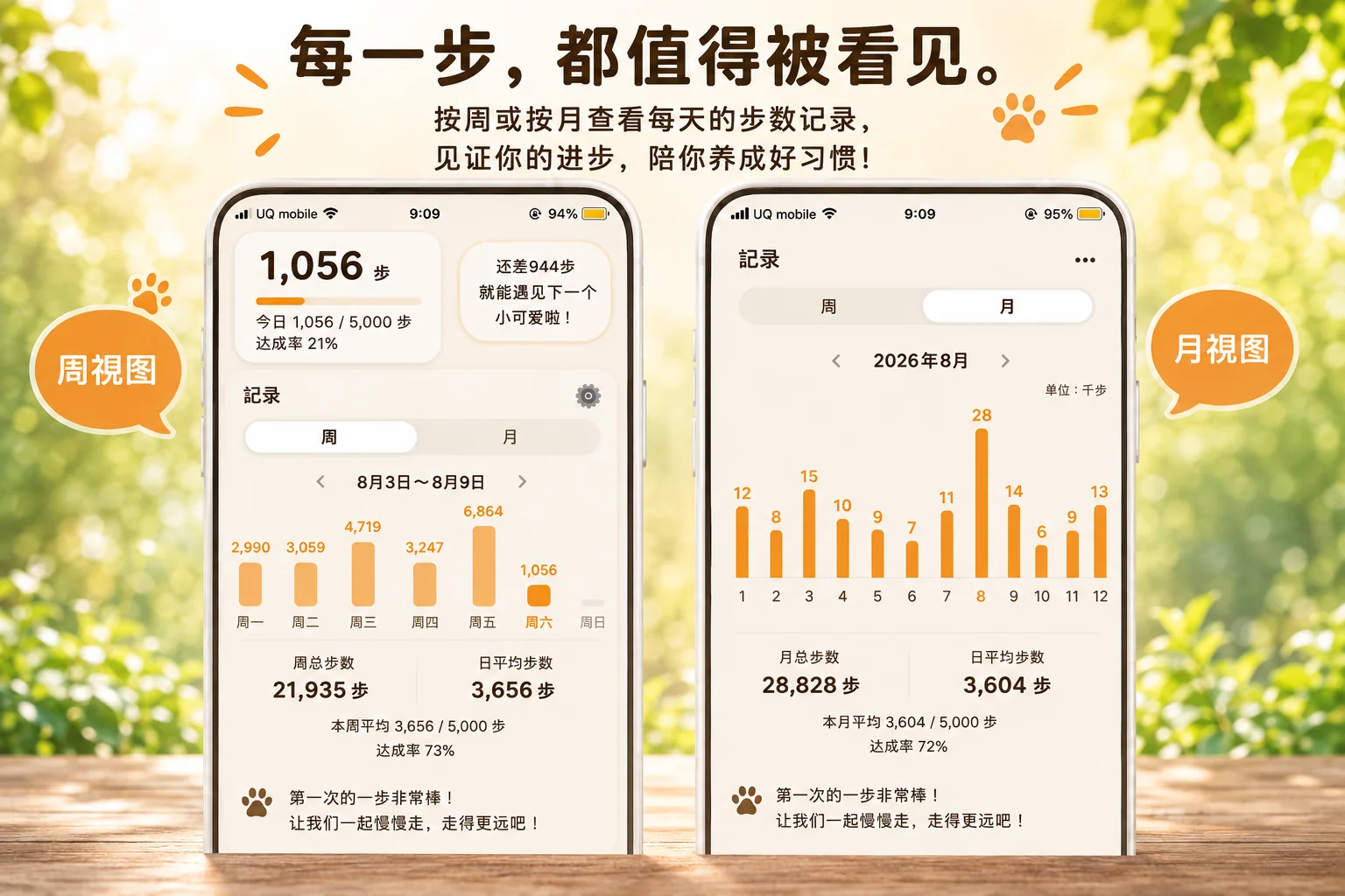 每周和每月的步数记录画面