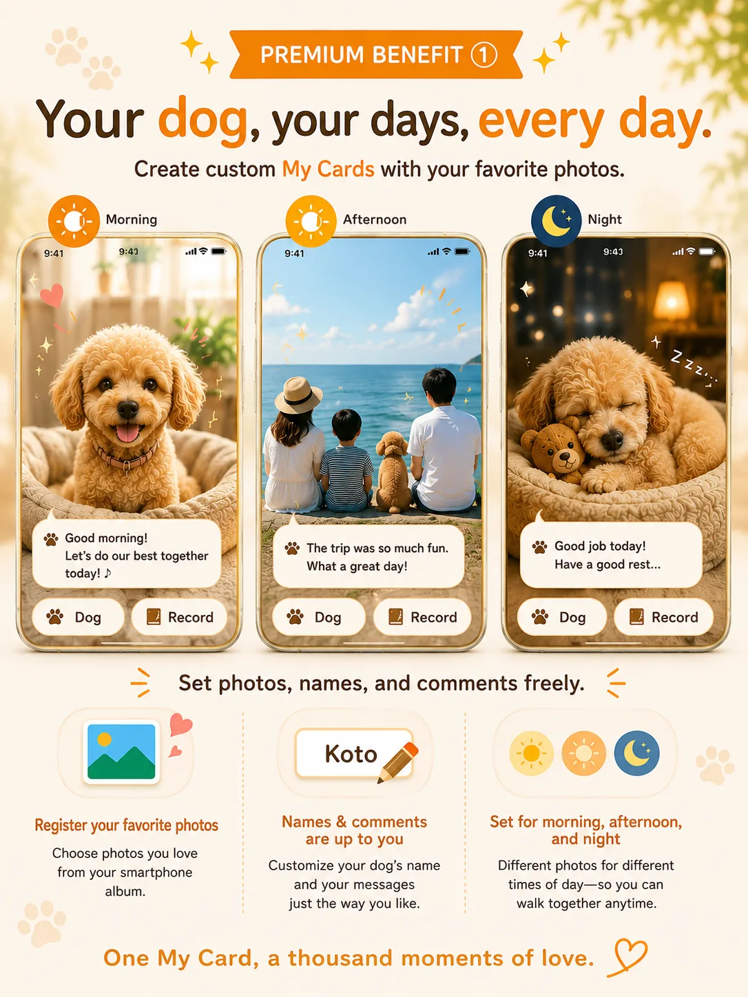 A custom card using your own photo, set separately for morning, midday, and night, with your own name and comment