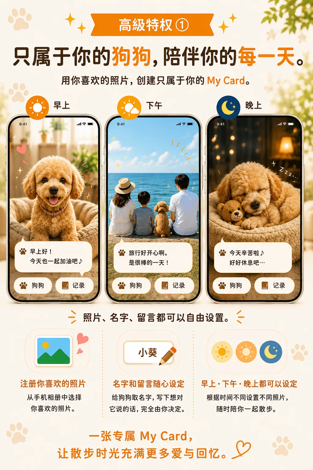 用自己喜欢的照片，分别设置早、中、晚，还能自由填写名字和留言的My Card